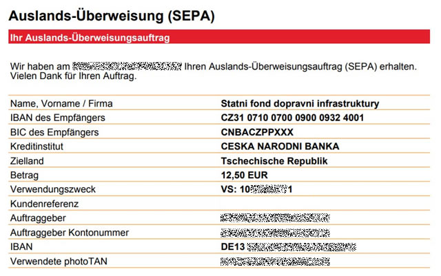 Muster Bezahlung der Vignette per Banküberweisung Muster Bezahlung der Vignette per Banküberweisung